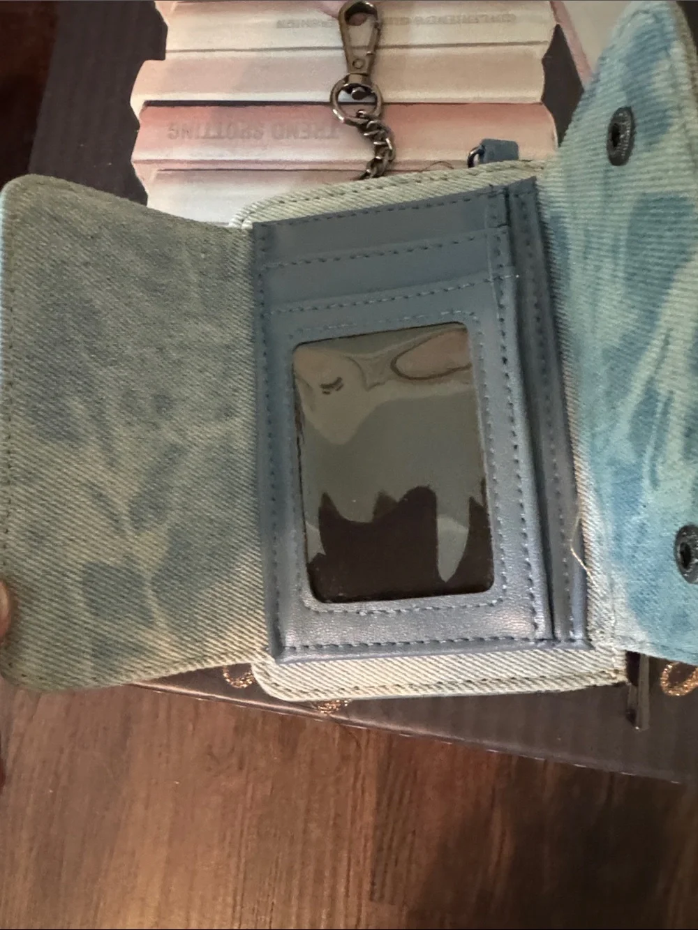 Light Blue Denim Card Wallet with Snap Closure